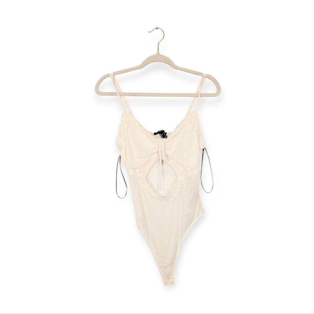 NWT Forever 21 Cream Ruffle Trim Cut Out Semi Sheer Knit Bodysuit Size L
